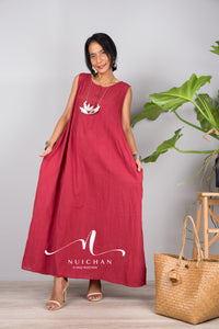 Nuichan women's sleeveless red cotton dress | Lightweight summer dress