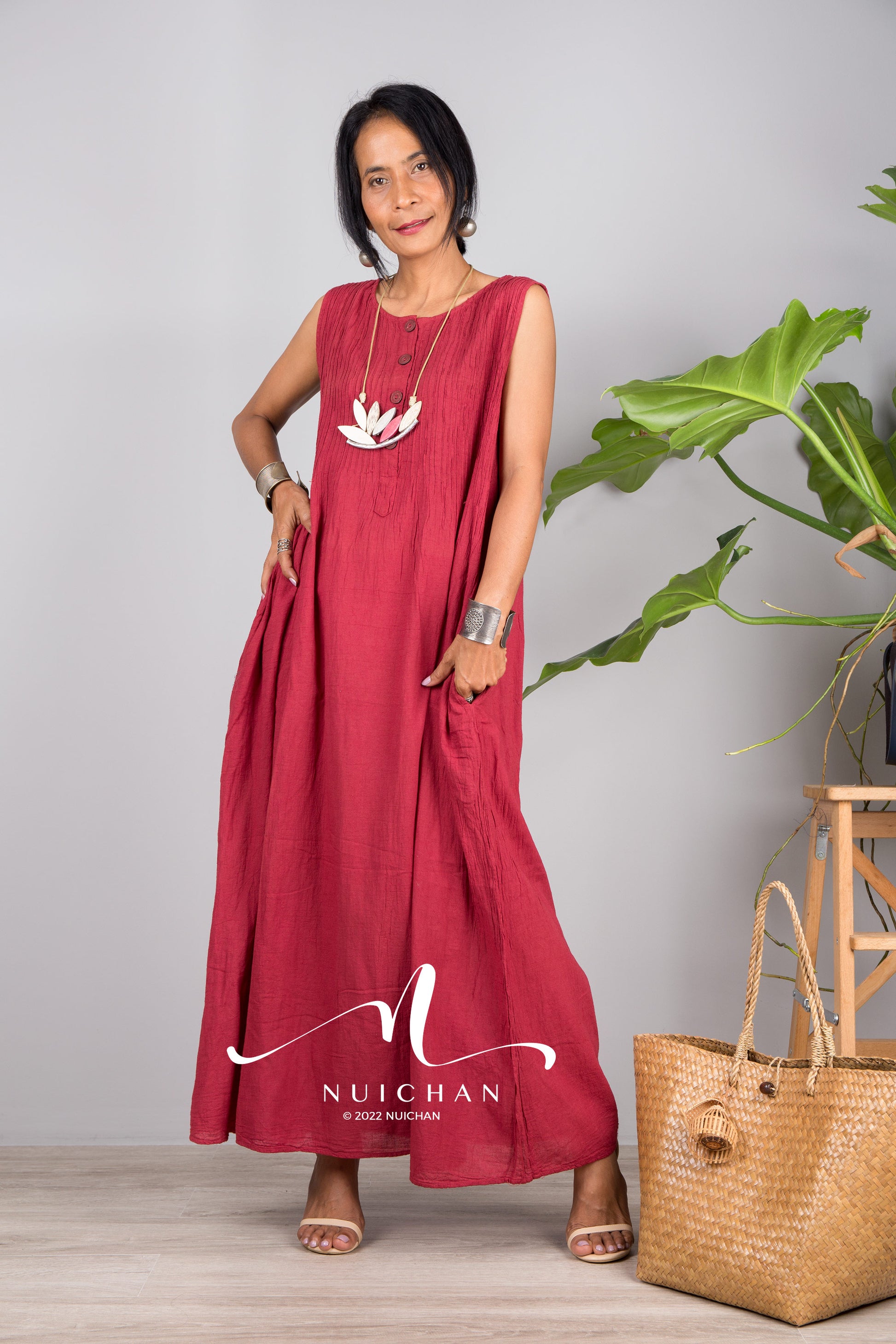 Nuichan women's sleeveless red cotton dress | Lightweight summer dress
