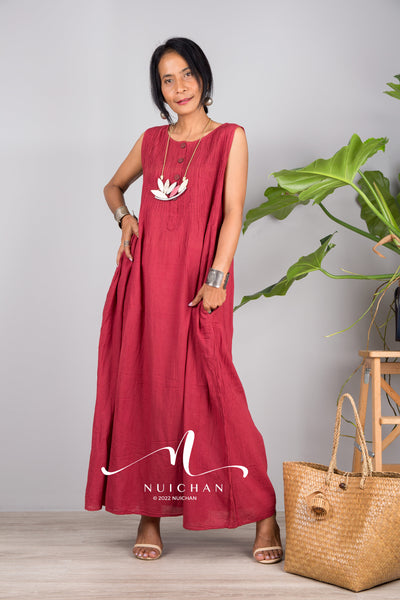 Nuichan women's sleeveless red cotton dress | Lightweight summer dress