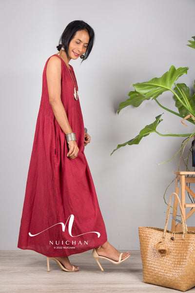Nuichan women's sleeveless red cotton dress | Lightweight summer dress
