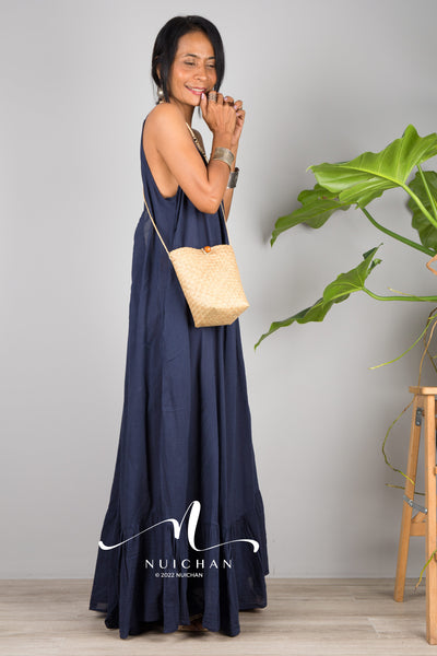 Nuichan Women's Cotton cami dress with open back | Blue slip dress