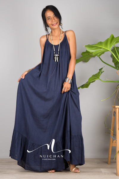 Nuichan Women's Cotton cami dress with open back | Blue slip dress