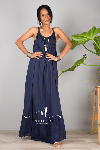 Nuichan Women's Cotton cami dress with open back | Blue slip dress