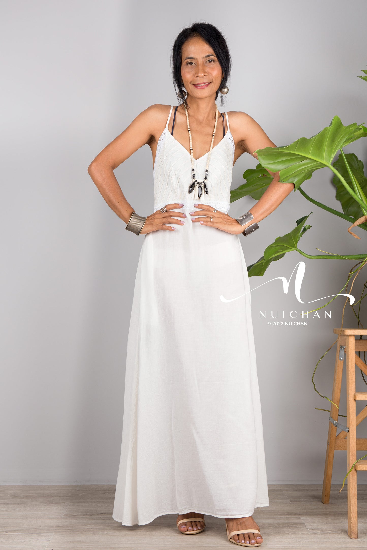 Nuichan Women's Cotton cami dress | White cotton slip dress