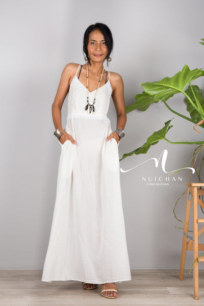 Nuichan Women's Cotton cami dress | White cotton slip dress'
