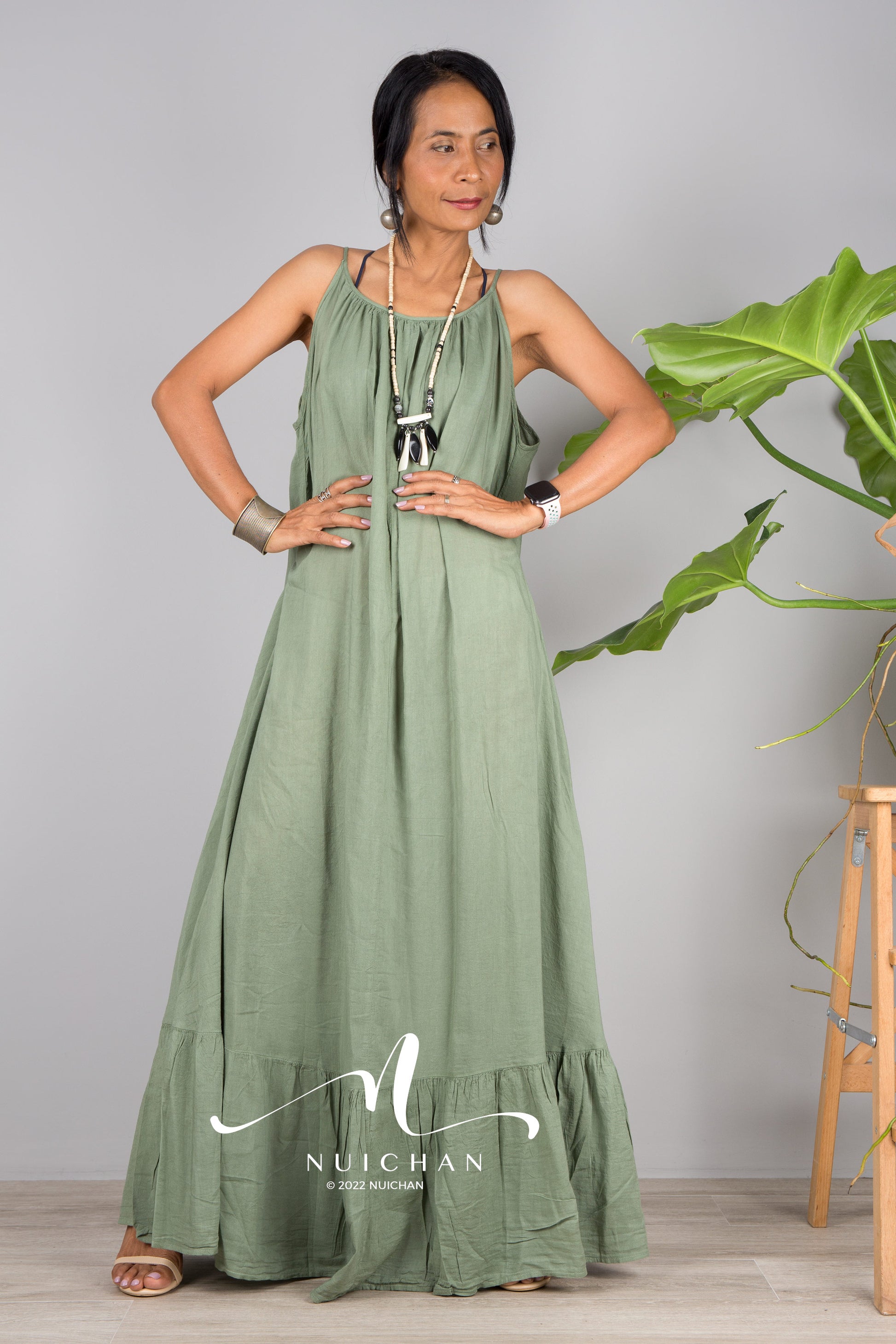 Nuichan Women's Cotton cami dress with open back | Green slip dress