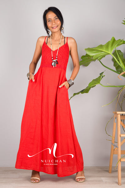 Nuichan Women's Cotton cami dress | Red cotton slip dress