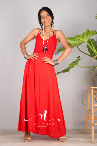 Nuichan Women's Cotton cami dress | Red cotton slip dress