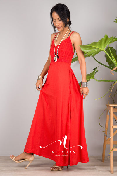Nuichan Women's Cotton cami dress | Red cotton slip dress