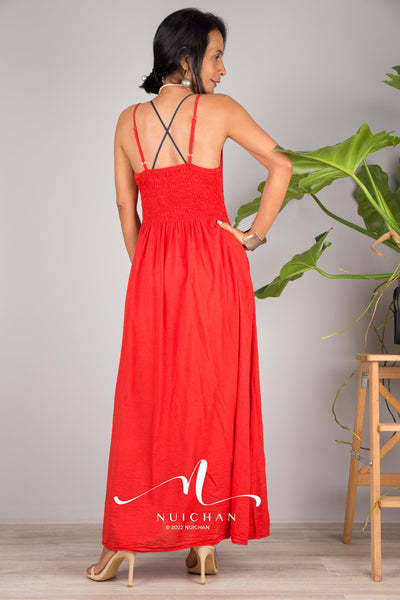Nuichan Women's Cotton cami dress | Red cotton slip dress