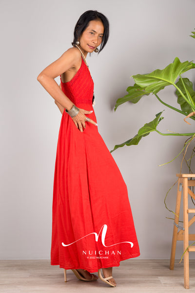 Nuichan Women's Cotton cami dress | Red cotton slip dress