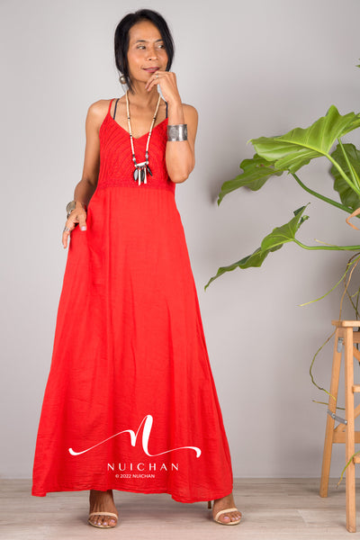Nuichan Women's Cotton cami dress | Red cotton slip dress