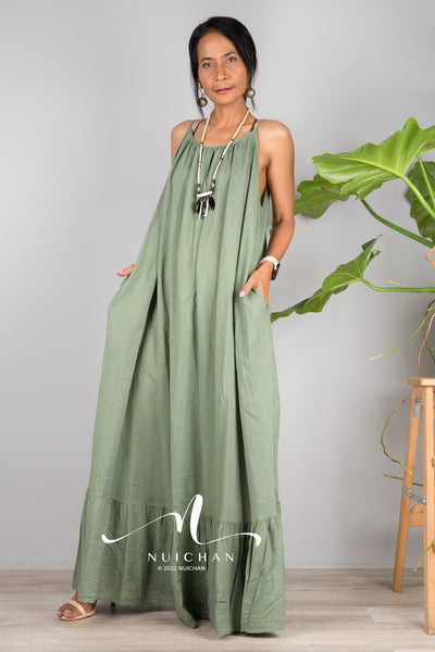 Nuichan Women's Cotton cami dress with open back | Green slip dress