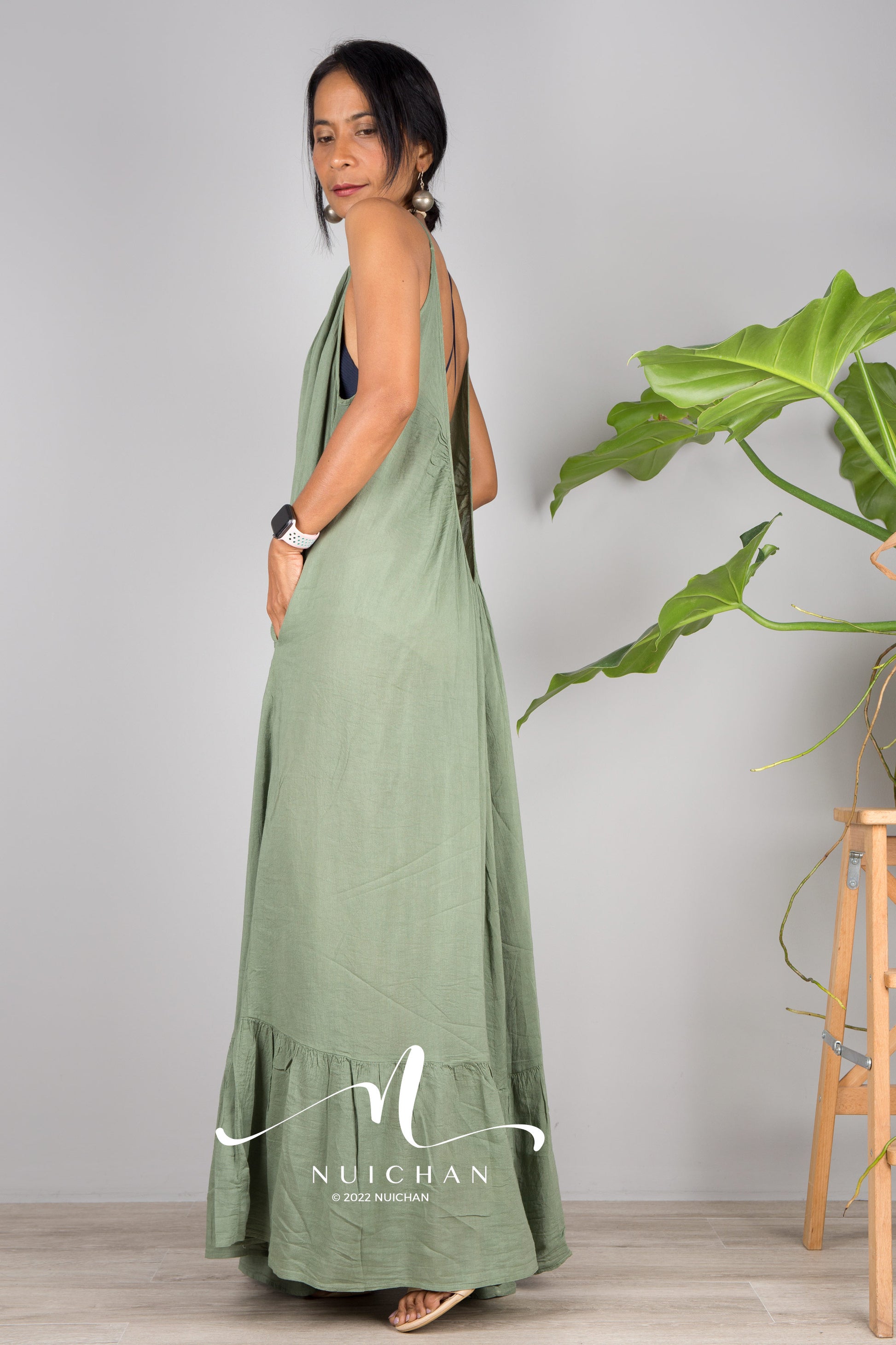 Nuichan Women's Cotton cami dress with open back | Green slip dress