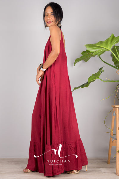 Nuichan Women's Cotton cami dress with open back | Red slip dress