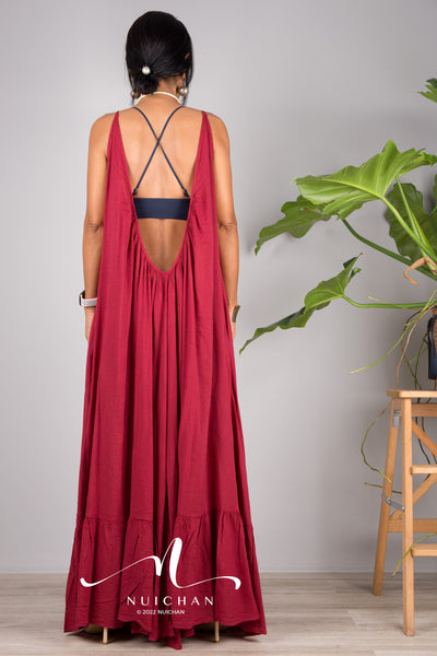 Nuichan Women's Cotton cami dress with open back | Red slip dress