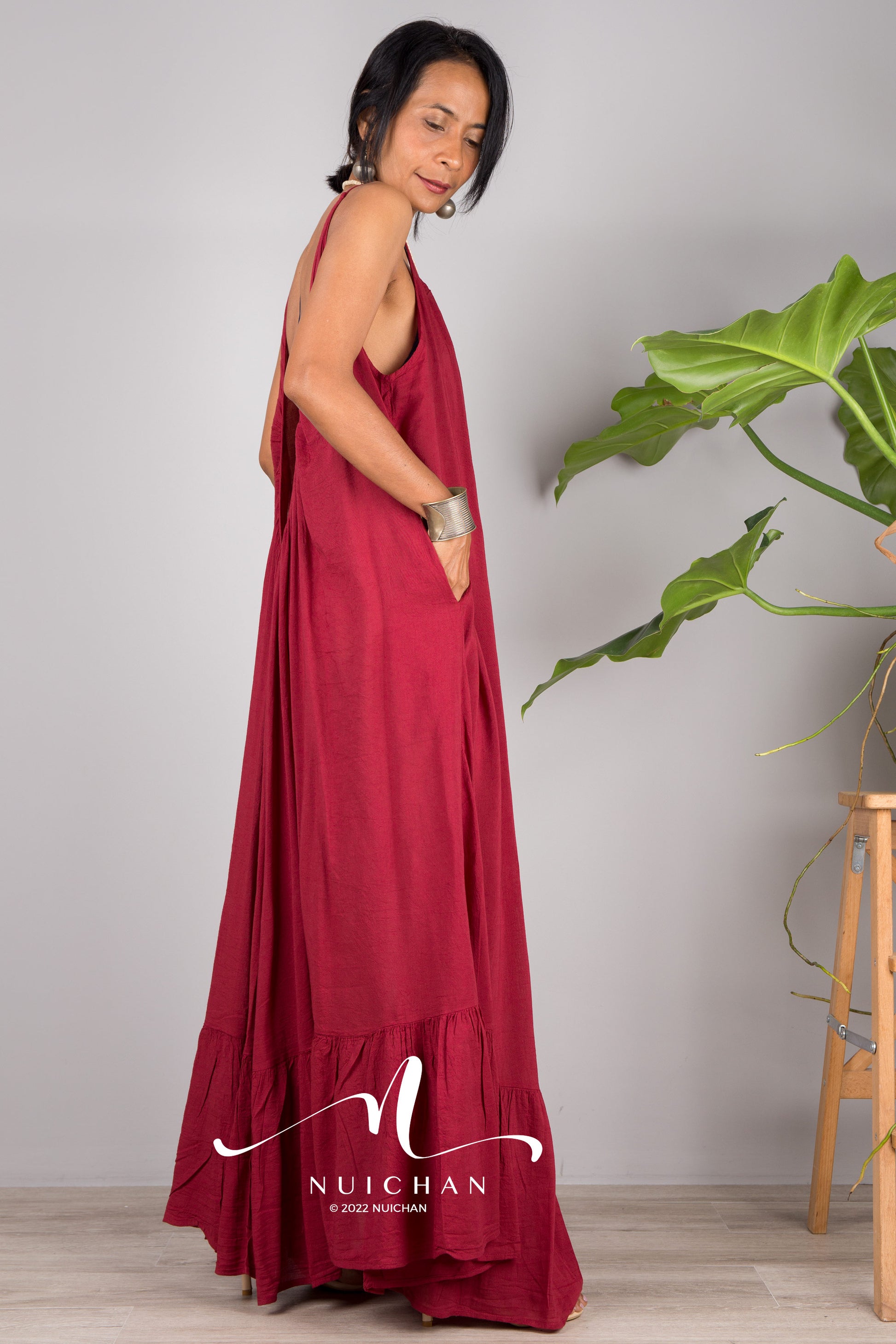 Nuichan Women's Cotton cami dress with open back | Red slip dress