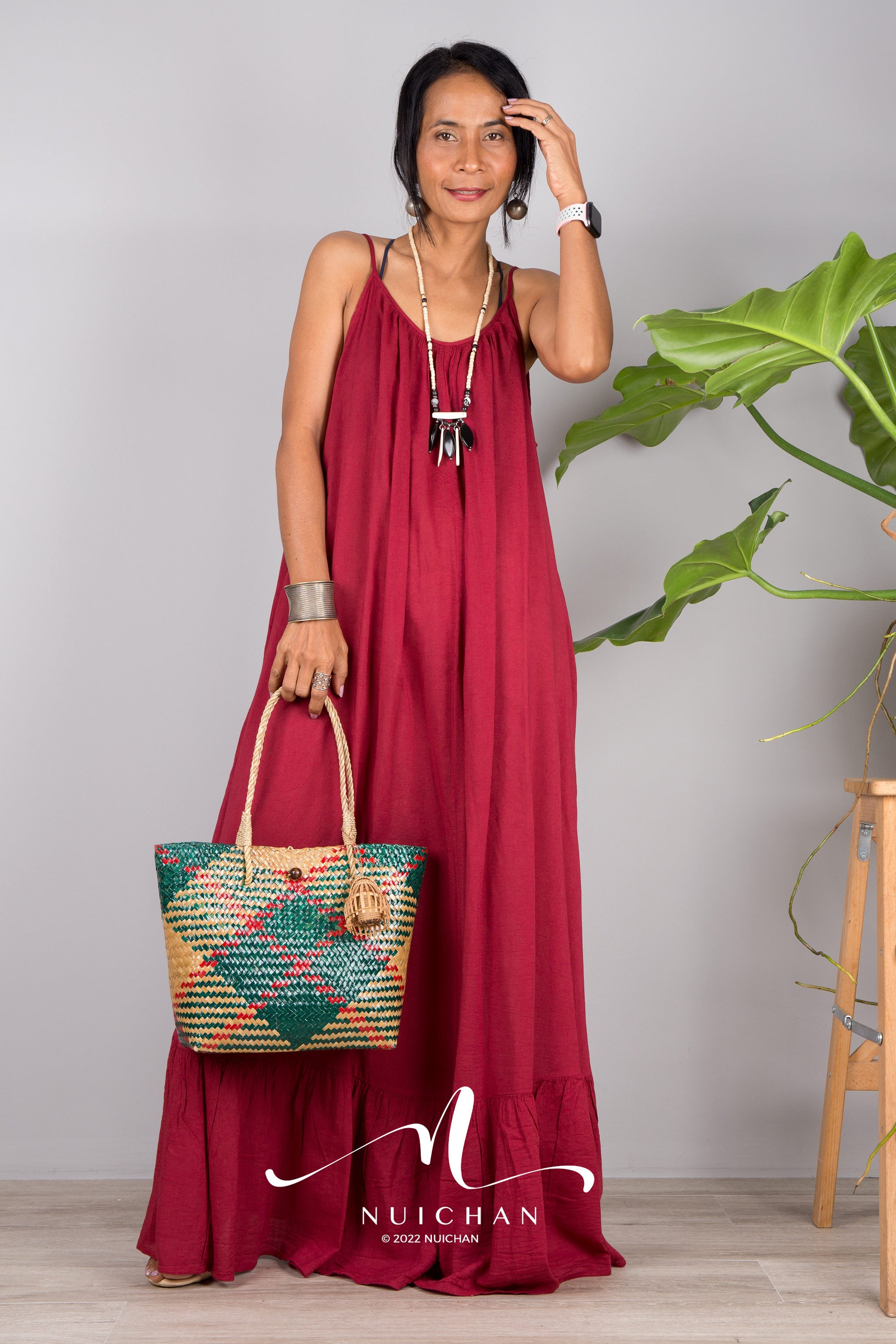 Nuichan Women's Cotton cami dress with open back | Red slip dress