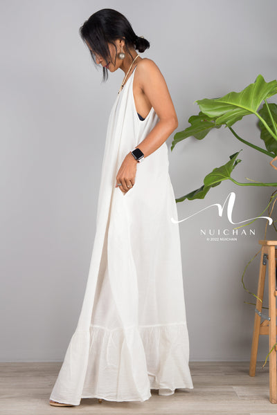 Nuichan Women's Cotton cami dress with open back. White beach dress