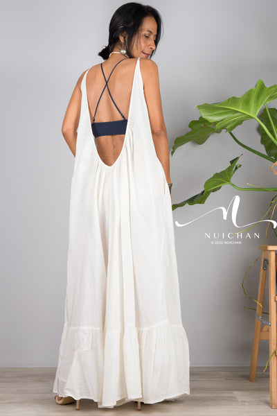 Nuichan Women's Cotton cami dress with open back. White beach dress