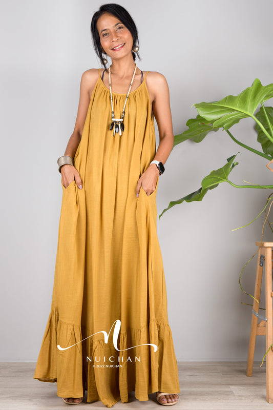 Nuichan Women's Cotton cami dress with open back | Yellow slip dress