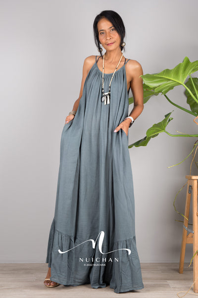 Nuichan Women's Cotton cami dress with open back | Grey slip dress
