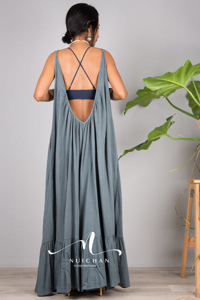 Nuichan Women's Cotton cami dress with open back | Grey slip dress