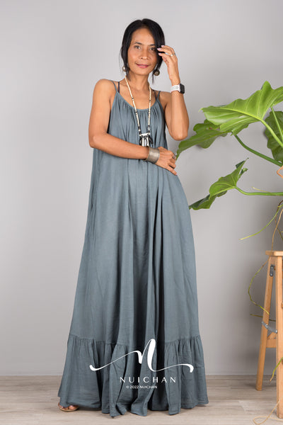 Nuichan Women's Cotton cami dress with open back | Grey slip dress