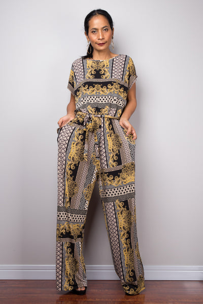 Boho cap sleeve Jumpsuit | One piece jumper pantsuit with pockets and matching sash