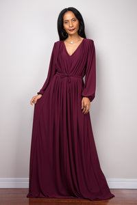 Purple maxi dress with long sleeves,  Pleated purple dress