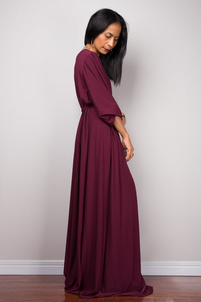 Purple maxi dress with long sleeves,  Pleated purple dress