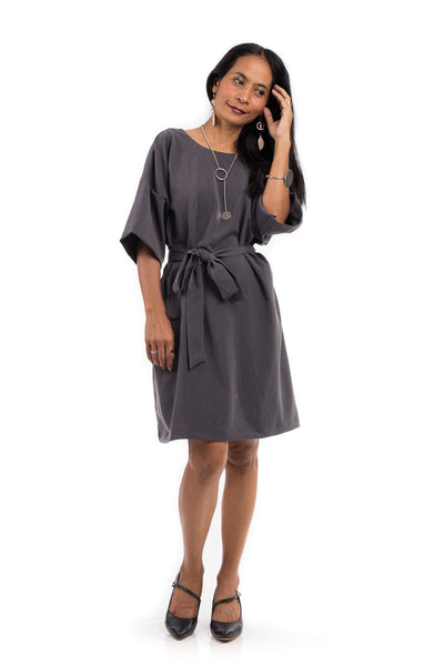 Short grey summer dress.  Modest grey dress with medium length sleeves and a subtle plunging neckline in the back.