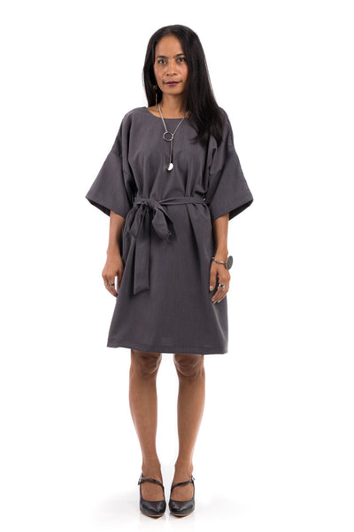 Short grey summer dress.  Modest grey dress with medium length sleeves and a subtle plunging neckline in the back.