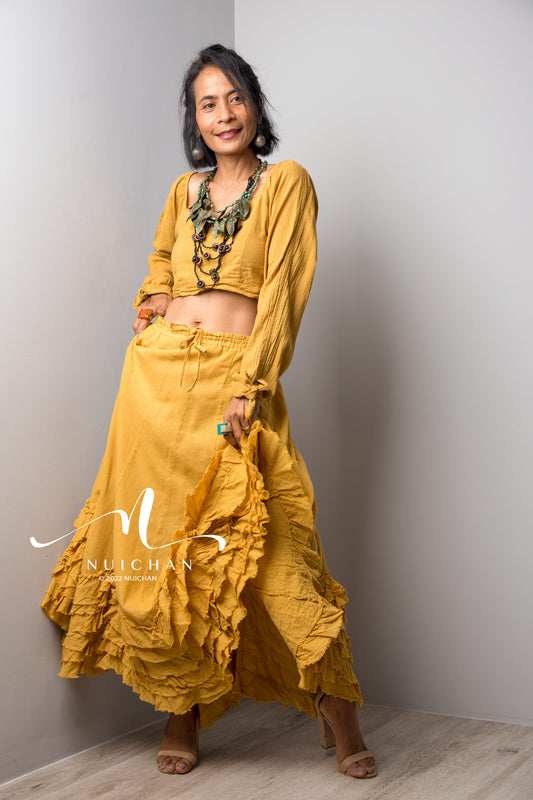 Nuichan Women flowy maxi skirt, Summer cotton ruffle skirt and top