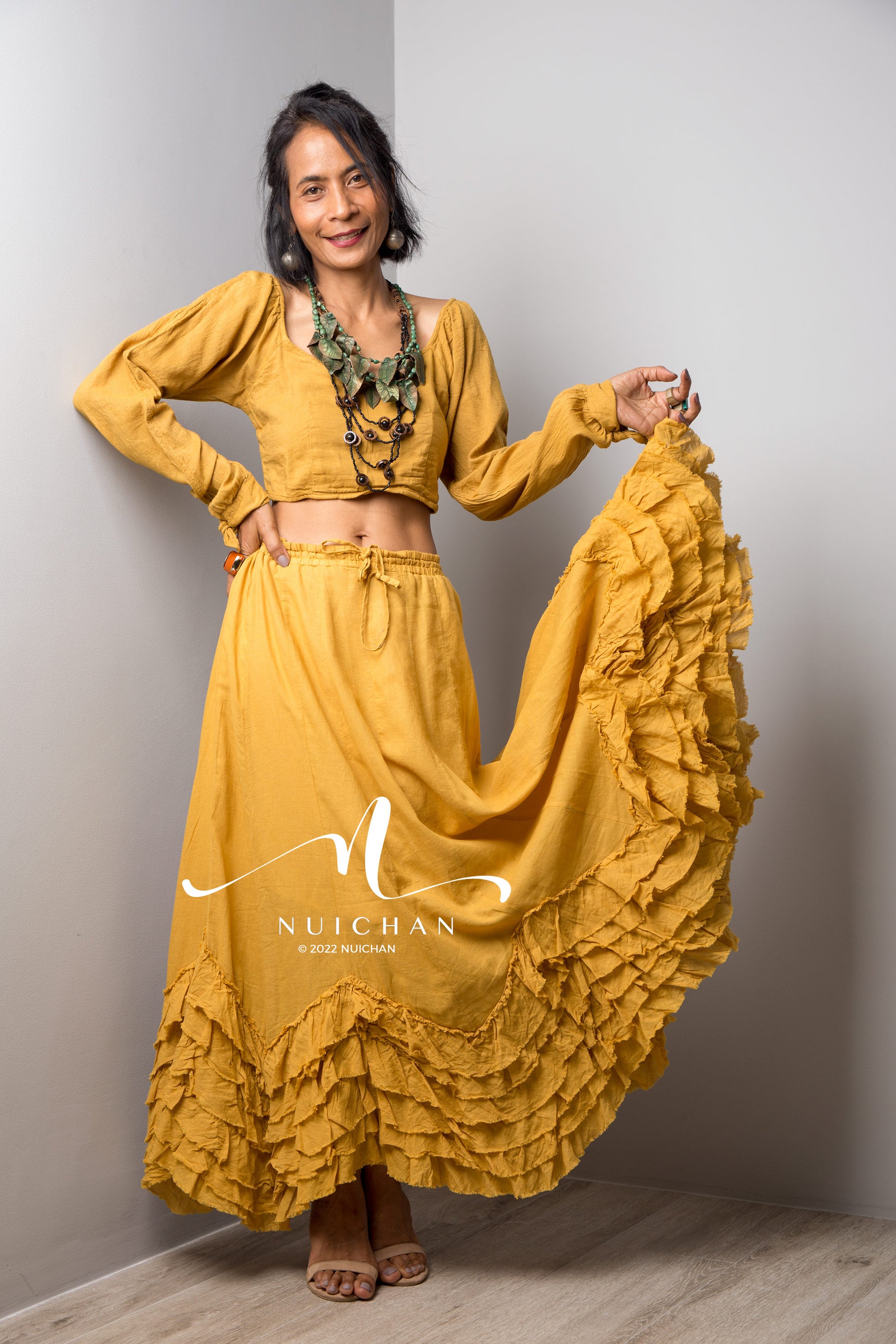 Nuichan Women cotton maxi skirt, Summer cotton ruffle skirt and top