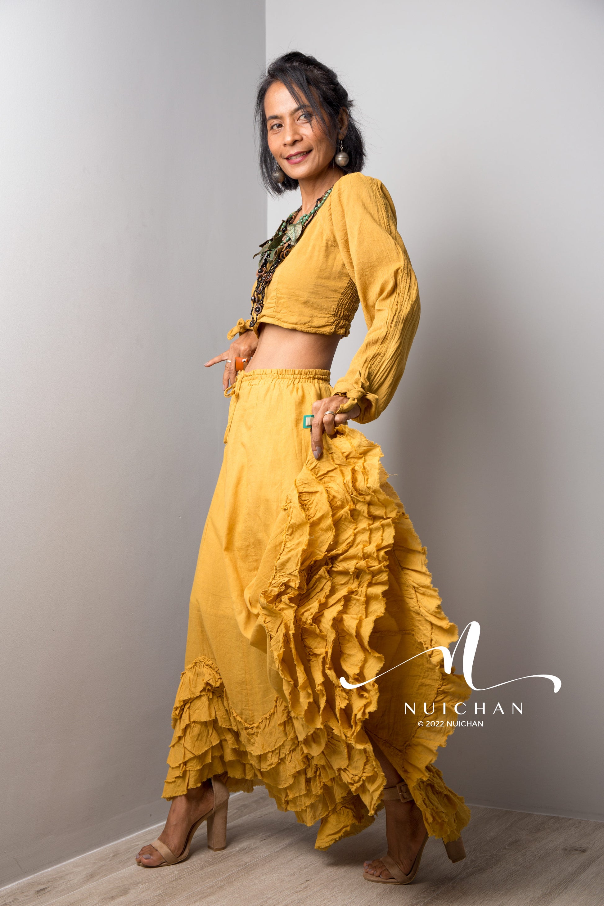 Nuichan Women maxi skirt, Summer cotton ruffle skirt and top