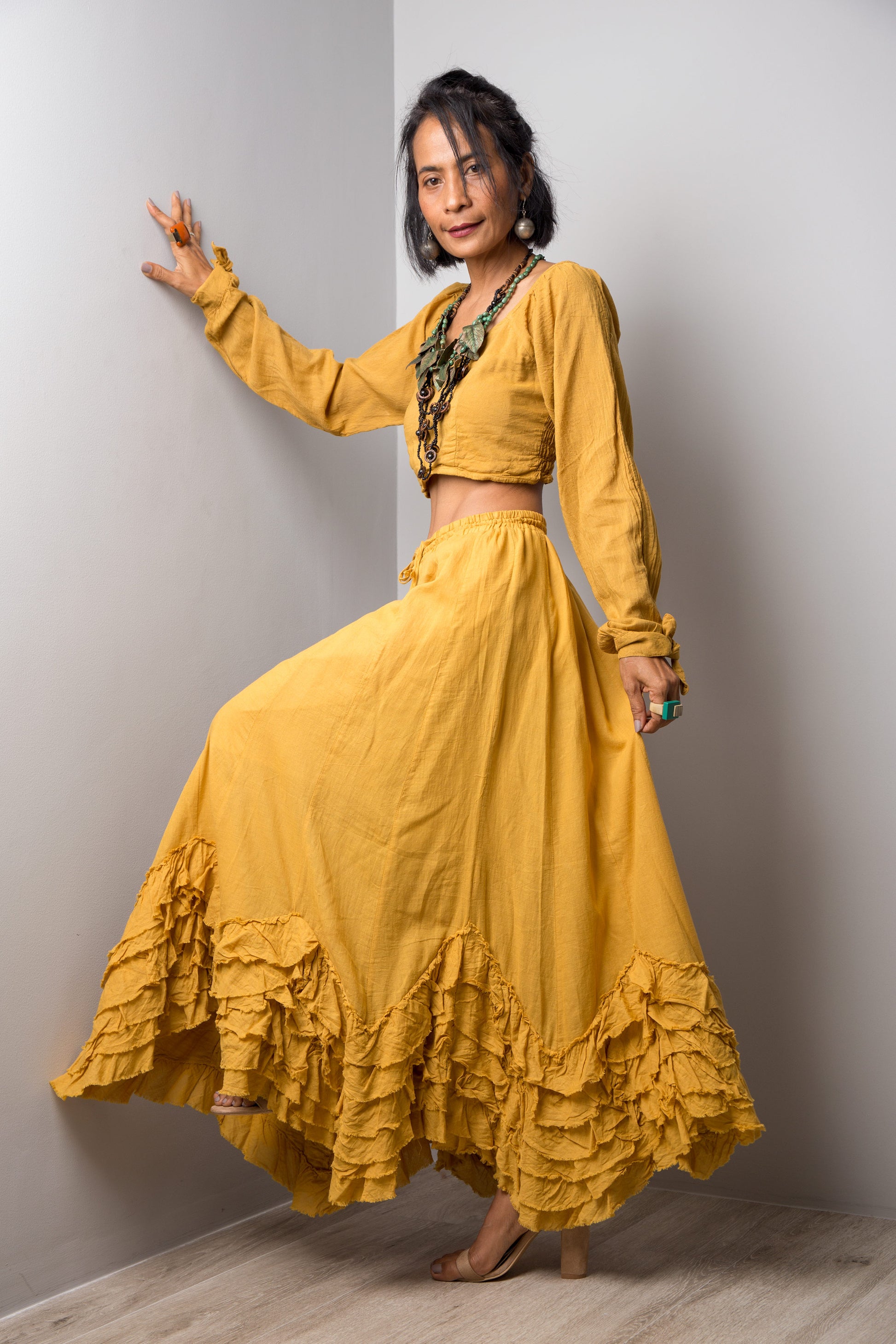 Nuichan Women flowy maxi skirt, Summer cotton gauze ruffle skirt and top