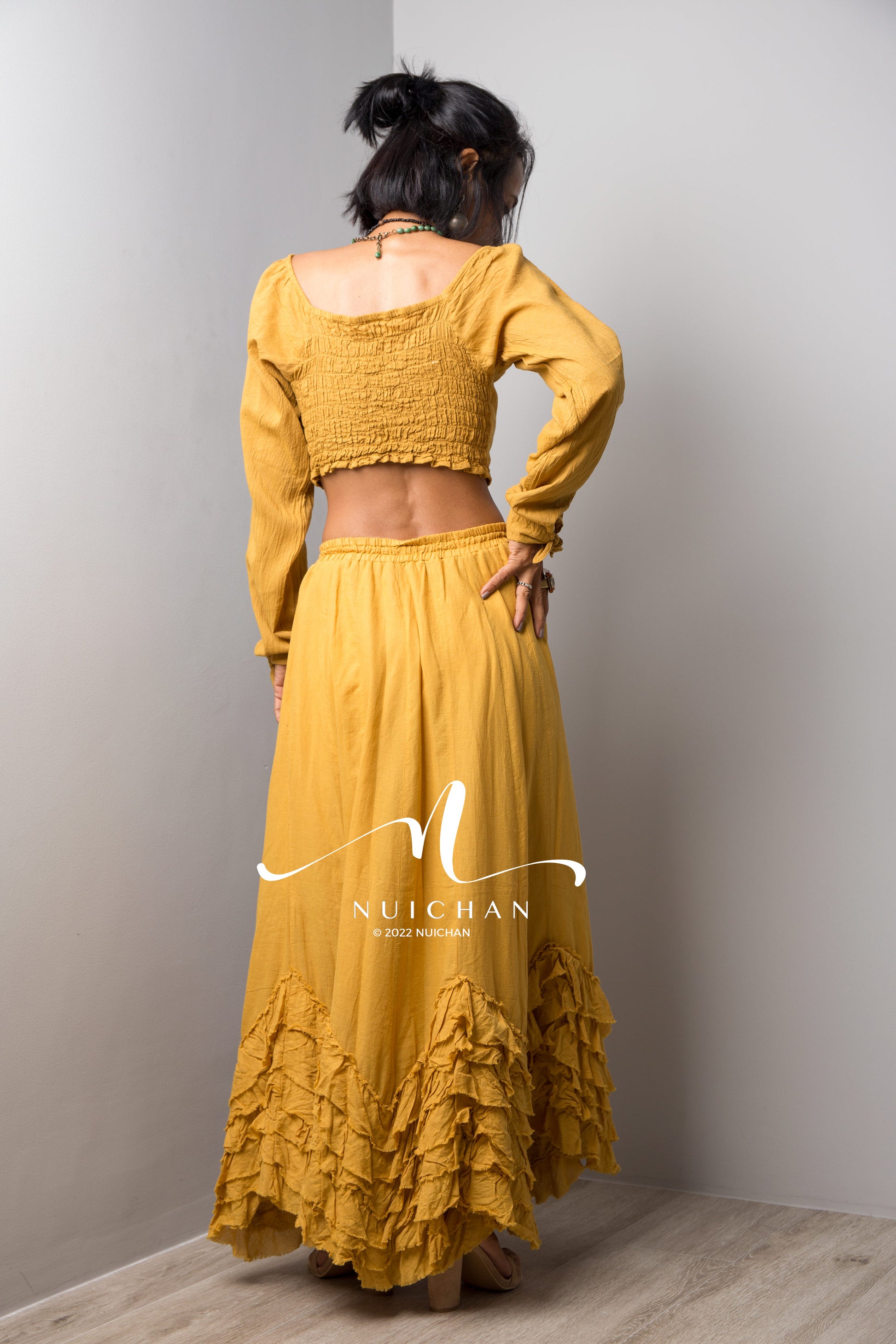 Nuichan Women panel maxi skirt, Summer cotton ruffle skirt and top in yellow
