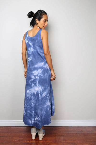 Blue Halter Dress with white details, hand dyed shibori dress, blue summer dress, sleeveless blue dress by Nuichan