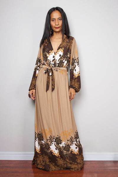 low cut boho dress with long sleeves, cream floral dress with plunging neckline by Nuichan