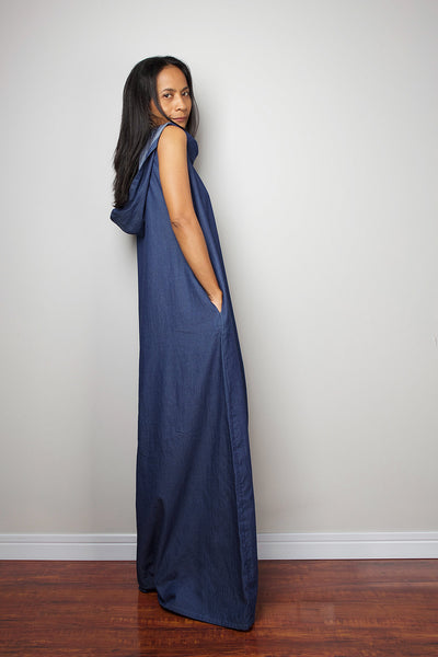 Denim tube dress, sleeveless dress with hood, dark blue dress, dress with pockets, Japanese denim, long blue denim dress by Nuichan