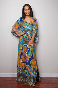 Blue orange print dress, kaftan dress, loose fit maxi dress, boho print dress, maxi dress with subtle neckline, boho dress by Nuichan