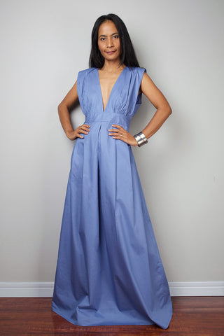 Blue maxi dress, bridesmaid dress with plunging neckline, sleeveless blue dress by Nuichan