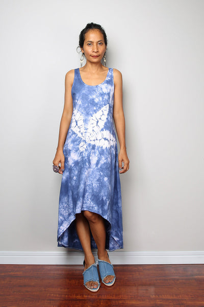 Blue Halter Dress with white details, hand dyed shibori dress, blue summer dress, sleeveless blue dress by Nuichan