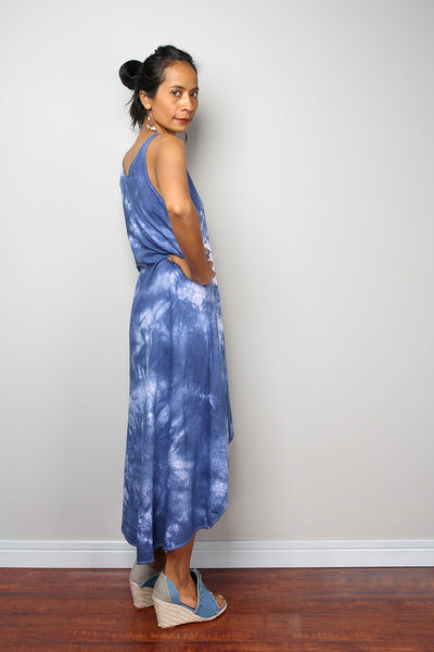 Blue Halter Dress with white details, hand dyed shibori dress, blue summer dress, sleeveless blue dress by Nuichan