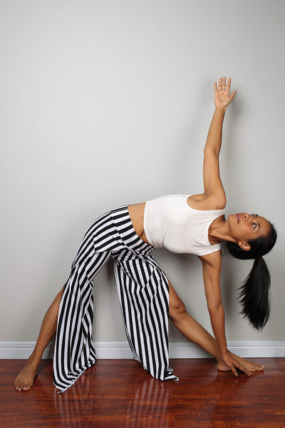 black and white striped pants, split pants, yoga pants, comfy pants by Nuichan