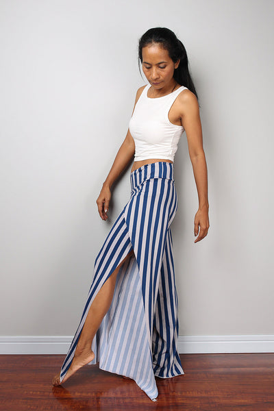 blue and grey striped pants, split pants, yoga pants, comfy pants by Nuichan
