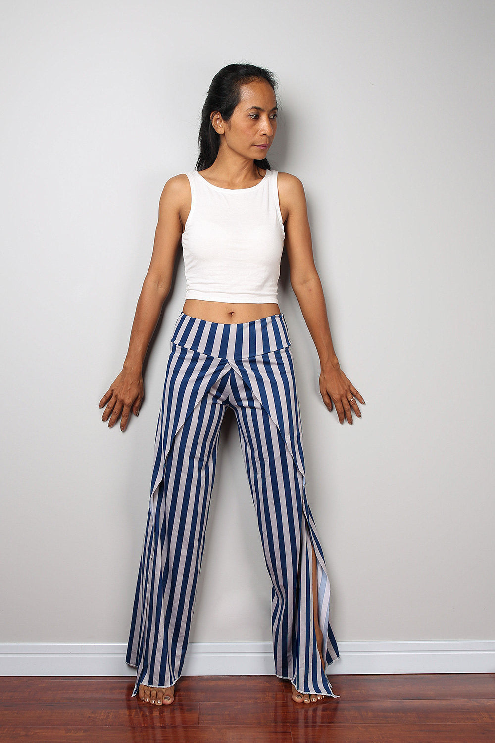 Striped pants / Blue and grey yoga pants / long blue striped pants