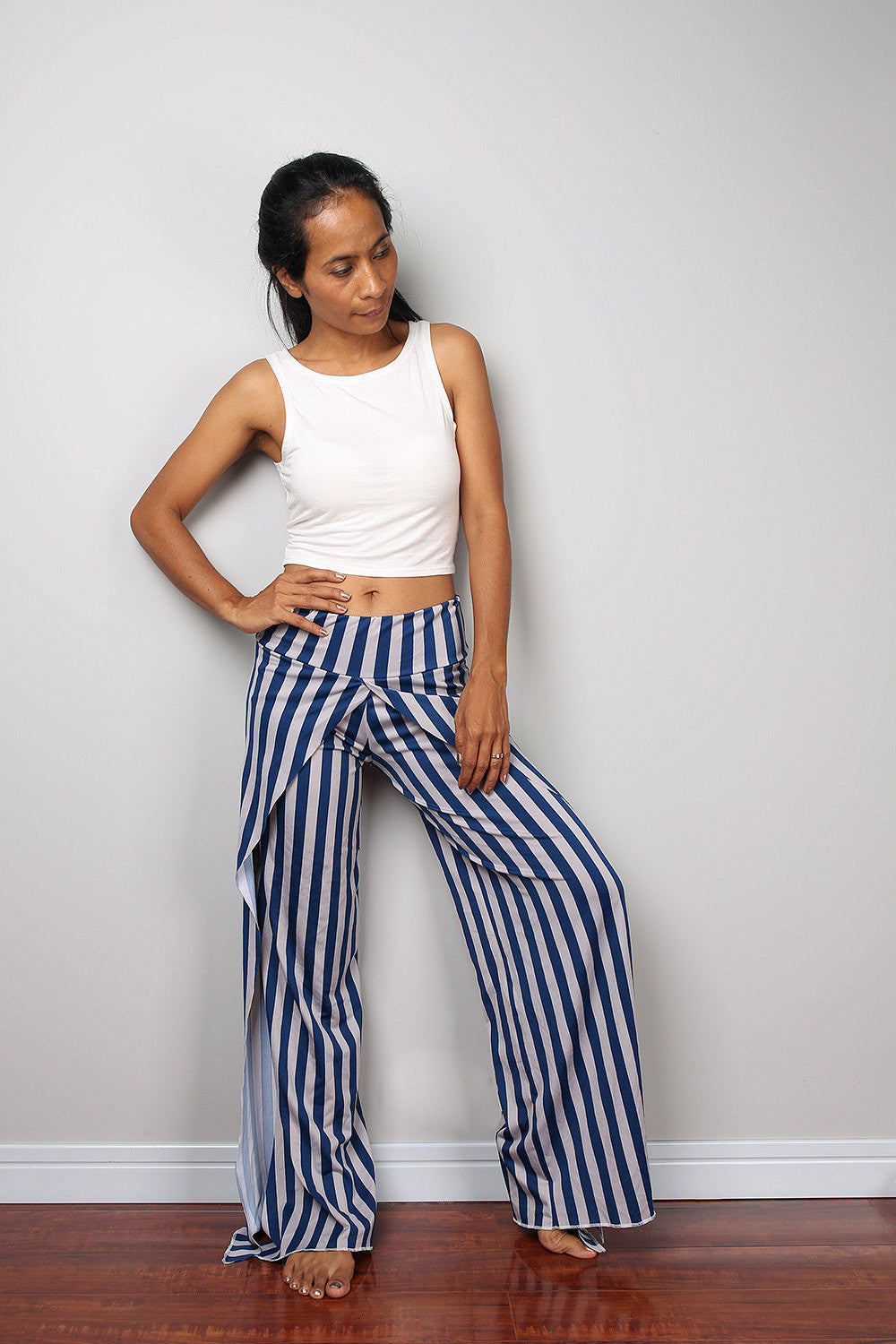 blue and grey striped pants, split pants, yoga pants, comfy pants by Nuichan