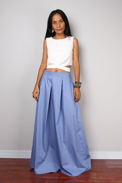 Light blue pleated skirt, blue maxi skirt, skirt with pocket, floor length skirt by Nuichan